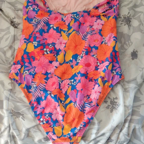 Tropical Floral One-Piece Swimsuit - Pink & Orange - Picture 4 of 6